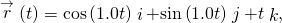 \stackrel{\to }{r}\left(t\right)=\text{cos}\left(1.0t\right)\stackrel{^}{i}+\text{sin}\left(1.0t\right)\stackrel{^}{j}+t\stackrel{^}{k},