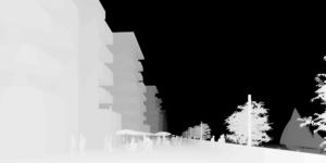 Black and white image of a city with trees showing depth perception