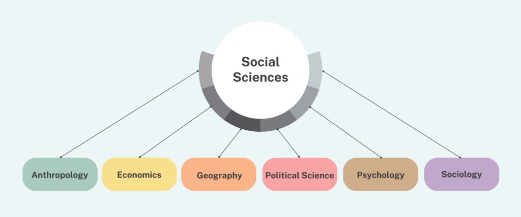 Graphic illustrating the relationship between the social sciences and its associated disciplines. “Social Sciences” appears in a bubble at the top of the graphic. Beneath it are the six social science disciplines: anthropology, economics, geography, political science, psychology, and sociology.
