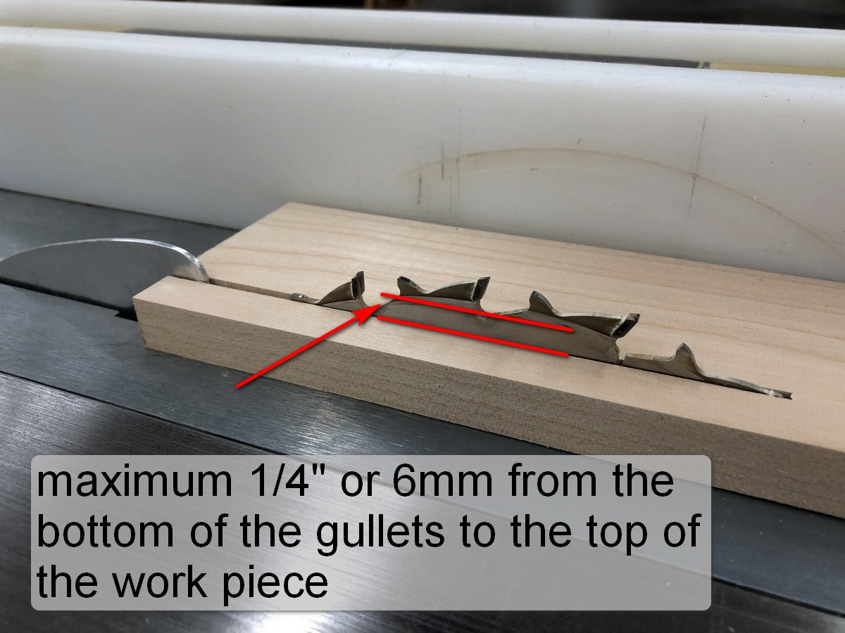 Image showing the maximum height of blade, one quarter inch from the bottom of gullets to the top of the workpiece