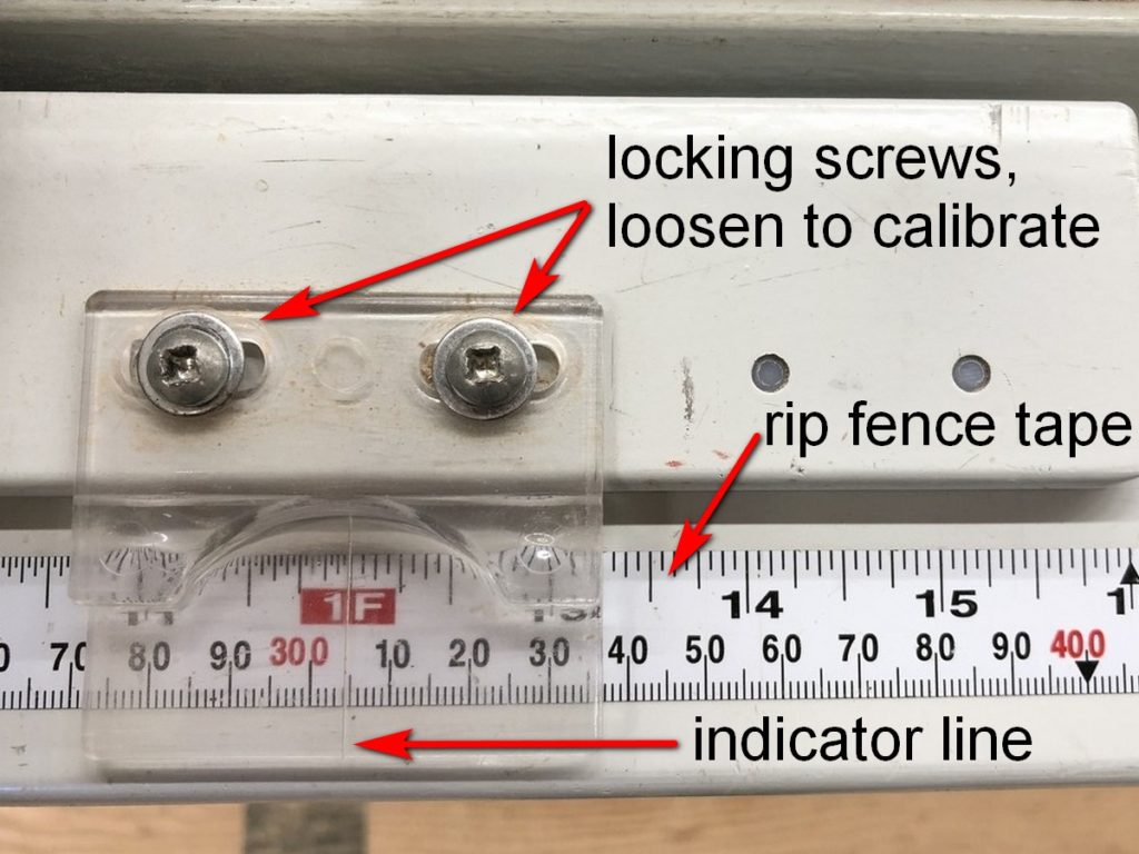 top, arrows point to the locking screws on rip fence indicator, middle the rip fence tape is indicatd with arrows, bottom the indicator line on the indicator is shown with an arrow
