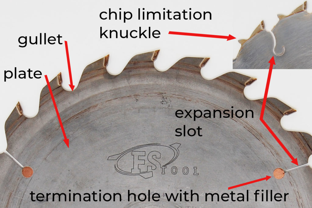 circular saw blade parts: from left to right: plate, gullet, chip limitation knuckle, expansion slot. termination hole with metal filler.