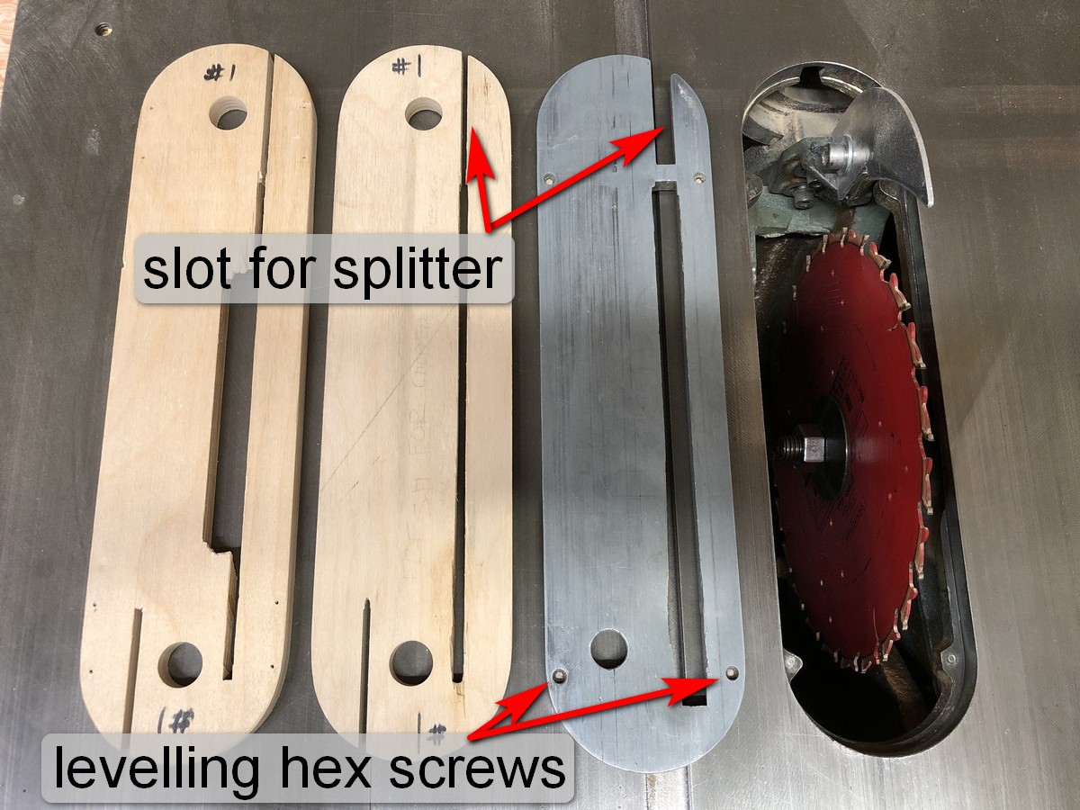 Throat plates, with red arrows showing slots for splitters and levelling hex screws