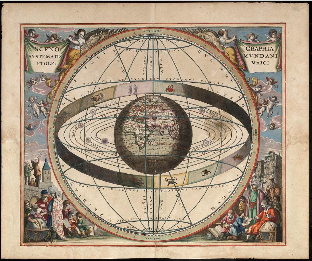 The geocentric universe illustrated, with the sun and planets revolving around the Earth. Interestingly, the illustration above was created in 1660, a few decades after Galileo popularized the fact that geocentrism was completely inaccurate.
