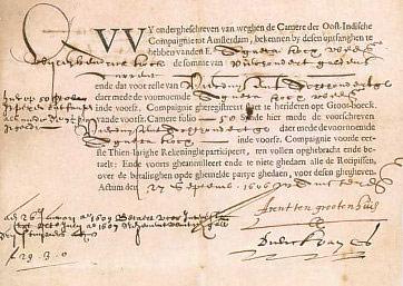 Photo of an early stock certificate from the VOC.