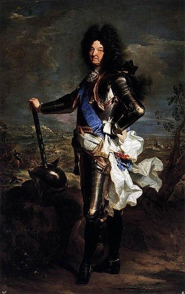 Portrait of Louis XIV depicted, symbolically, in his role as supreme military commander of France.