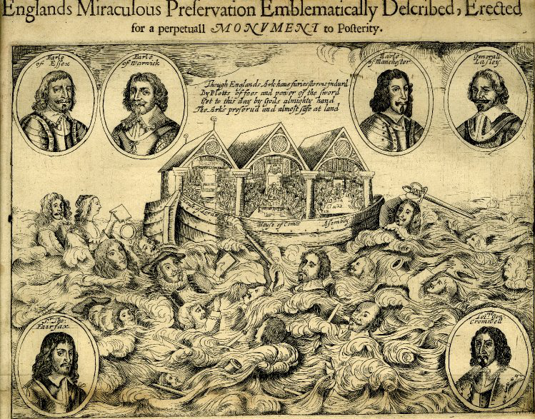 An engraving celebrating the victory of the parliamentary forces during the English Civil War.
