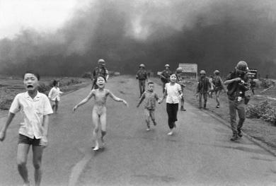 A Pulitzer-Prize winning photo from 1972 depicting the aftermath of a napalm attack on a South Vietnamese village suspected of harboring Viet Cong forces. The girl, Phan Thi Kim Phuc, is naked after stripping off her burning clothes.