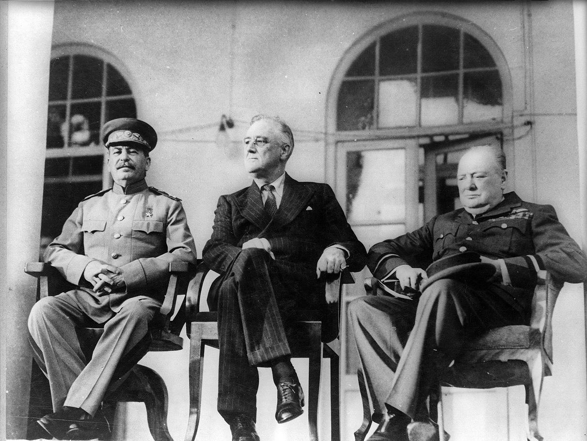 Stalin, Roosevelt, and Churchill during their meeting at the Tehran Conference in 1943.