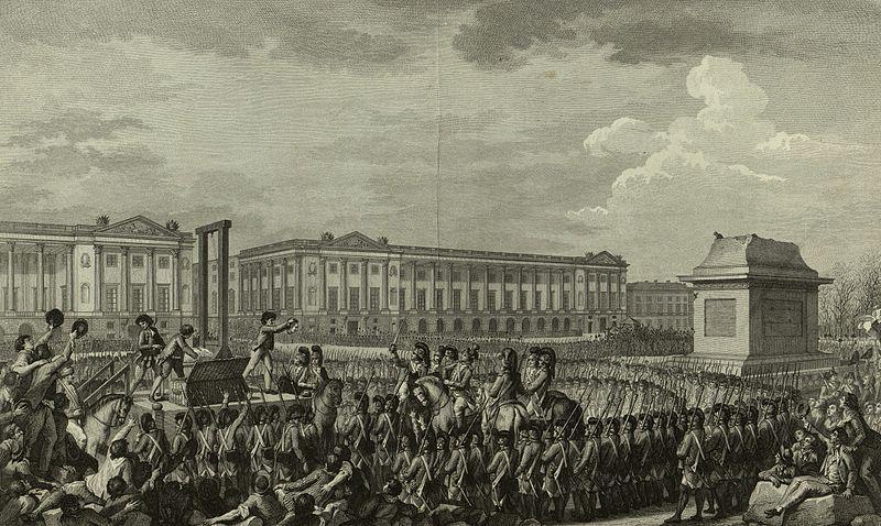 The aftermath of the execution of Louis XVI, with his head displayed to the crowd.