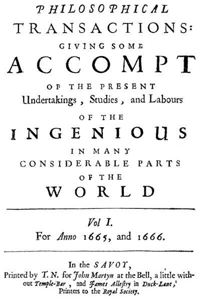The cover of the first volume of the Philosophical Transactions, arguably the first formal academic journal in history.