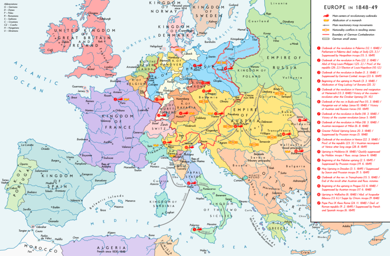 Map of Europe in 1848 with sites of revolutionary uprisings marked.