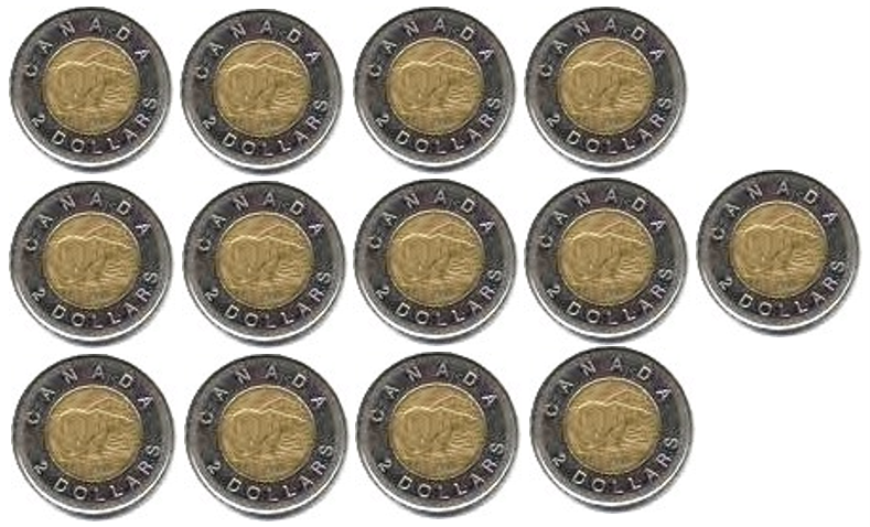 Thirteen toonies.