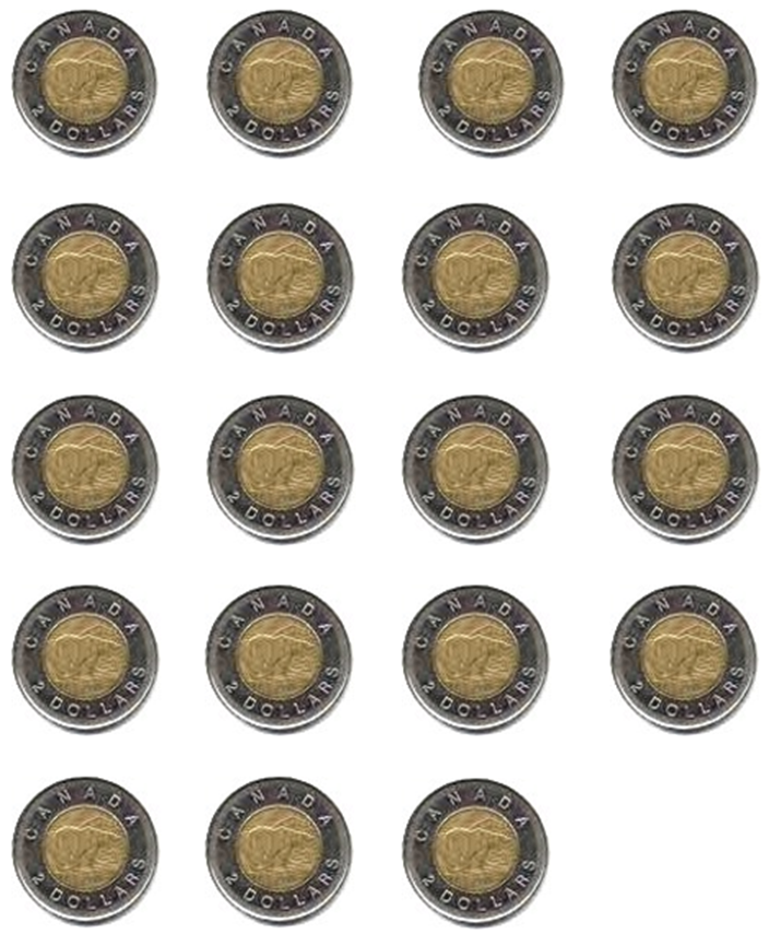 Nineteen toonies.