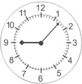 the hour hand is pointing at 9, the minute hand is pointing at the second mark after 1