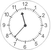the hour hand is between 11 and 12, the minute hand is pointing at the second mark after 7