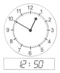 the hour hand is between 12 and 1, the minute hand is pointing at 10