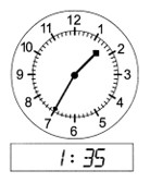 the hour hand is between 1 and 2, the minute hand is pointing at 7