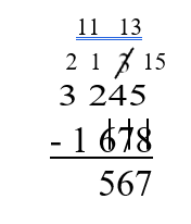1 hundred minus 6 hundreds cannot be done, borrow 1 thousand and rename it as 11 hundreds minus 6 hundreds equal 5 hundreds.
