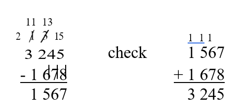 2 thousands minus 1 thousand equal 1 thousand. check: 1567+1678 equal 3245