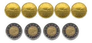5 loonies, 4 toonies