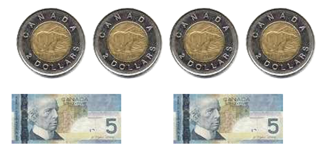 4 toonies, 2 $5 bills