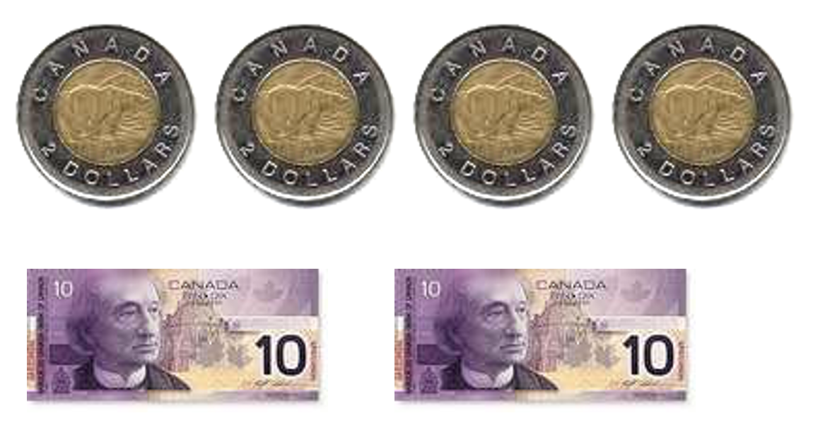 4 toonies, 2 $10 bills