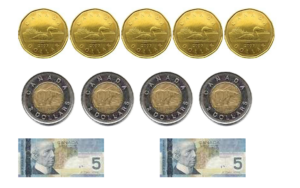 5 loonies, 4 toonies, 2 5 dollar bills