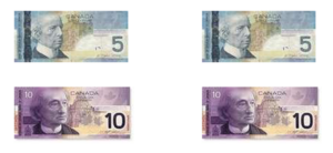 2 5 dollar bills, 2 10 dollar bills