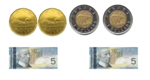2 loonies, 2 toonies, 2 5 dollar bills
