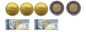 3 loonies, 2 toonies, 2 5 dollar bills