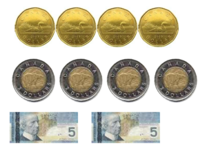 4 loonies, 4 toonies, 2 $5 bills