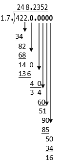 after moving the decimal point: 4220.0000 divided by 17 is 248.2453 with the remainder of 16
