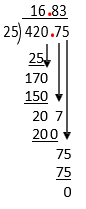 420.25 divided by 25 is 16.83