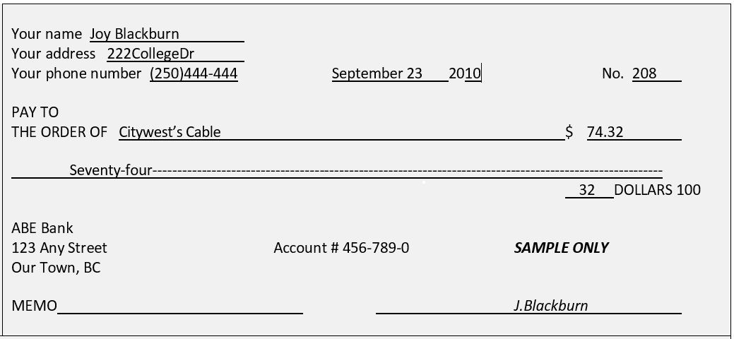 no.208, pay to the order of Citywest's Cable, $74.32