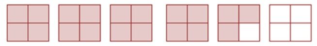 Six squares divided into 4 sections. Four squares are all shaded in. One square has three sections shaded in. The last square is not shaded in.