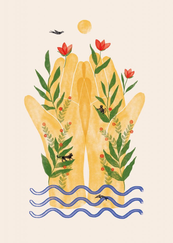 Illustration of two open hands with foliage, red flowers, and small animal silhouettes layered over top and two blue squiggly lines of water at the bottom. Hands overlap in the middle to form the silhouette of a human body.