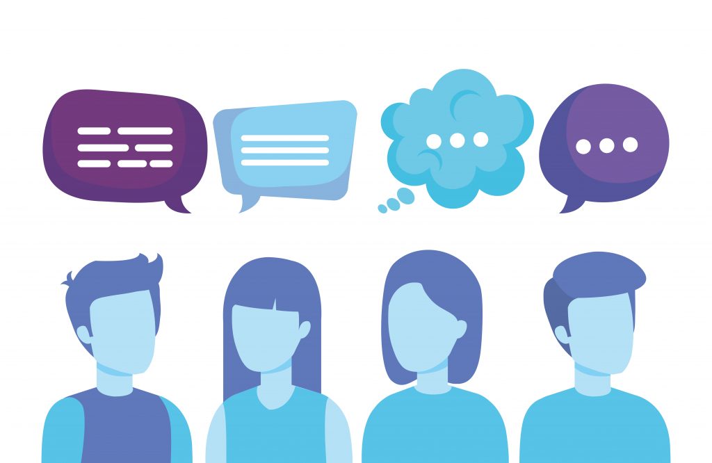 group of people with speech bubbles above each of their heads