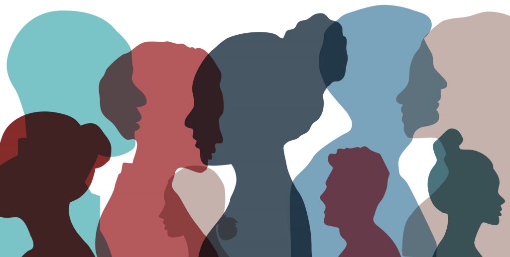 Illustration of overlapping side-profiles of a group of people facing left and right.