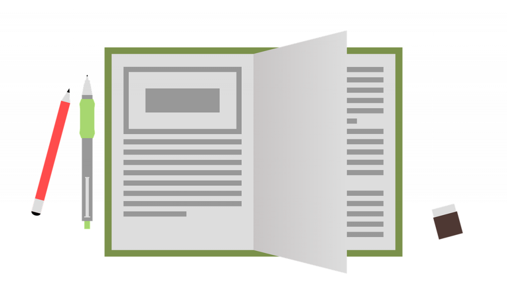 Illustration of an open notebook with grey lines of text