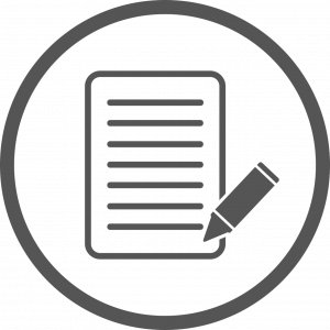 Icon of a piece of paper with grey lines of text and a pencil positioned on an angle at the bottom right corner of the page on the last line of text.