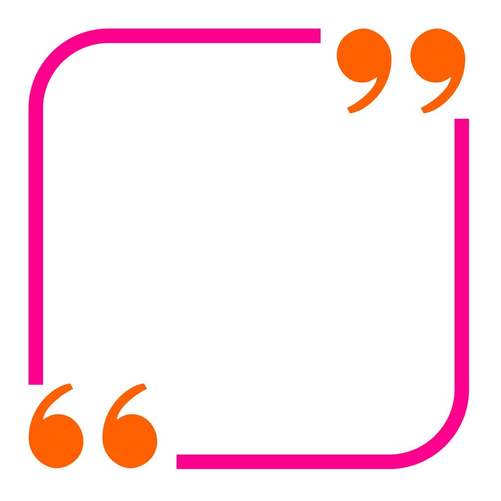 illustration of orange quotation marks in two corners of a square outlined in pink
