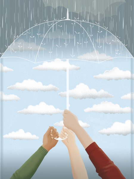 Three hands from three individuals hold onto an umbrella together. Top third of image shows rain clouds and rain hitting top of umbrella. Bottom two thirds of image background show bright blue sky with clouds.